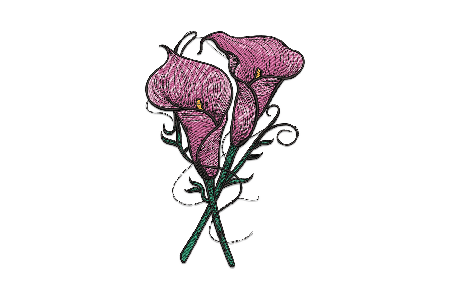 Calla lily flowers embroidery design with mauve-pink blooms and teal stems, 5 thread colours, botanical illustration style.