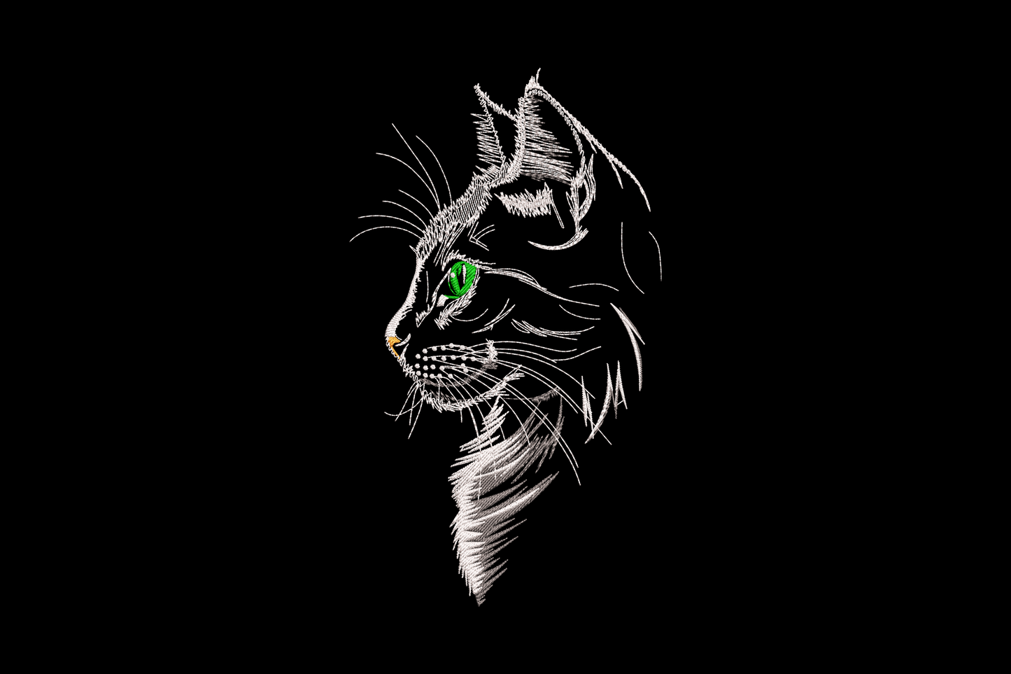 Elegant grey cat profile embroidery, side view with green eye, orange nose and white whiskers, 5 sizes up to 7.5 inch.