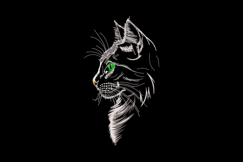 Elegant grey cat profile embroidery, side view with green eye, orange nose and white whiskers, 5 sizes up to 7.5 inch.