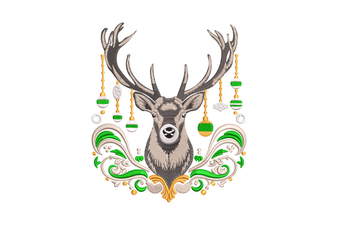 Elegant Christmas deer embroidery design, front-facing deer head with antlers decorated with holly sprigs and red berries, festive holiday stitch pattern