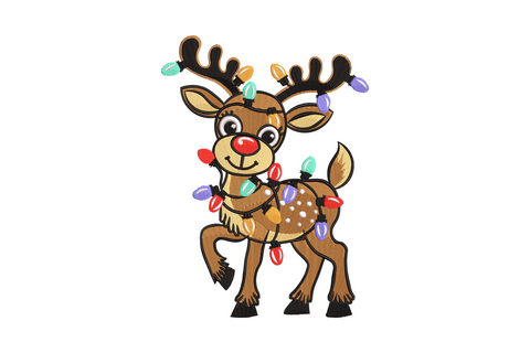 Elegant Christmas reindeer with fairy lights on antlers embroidery design, 8 colours warm holiday illustration, 5 sizes download
