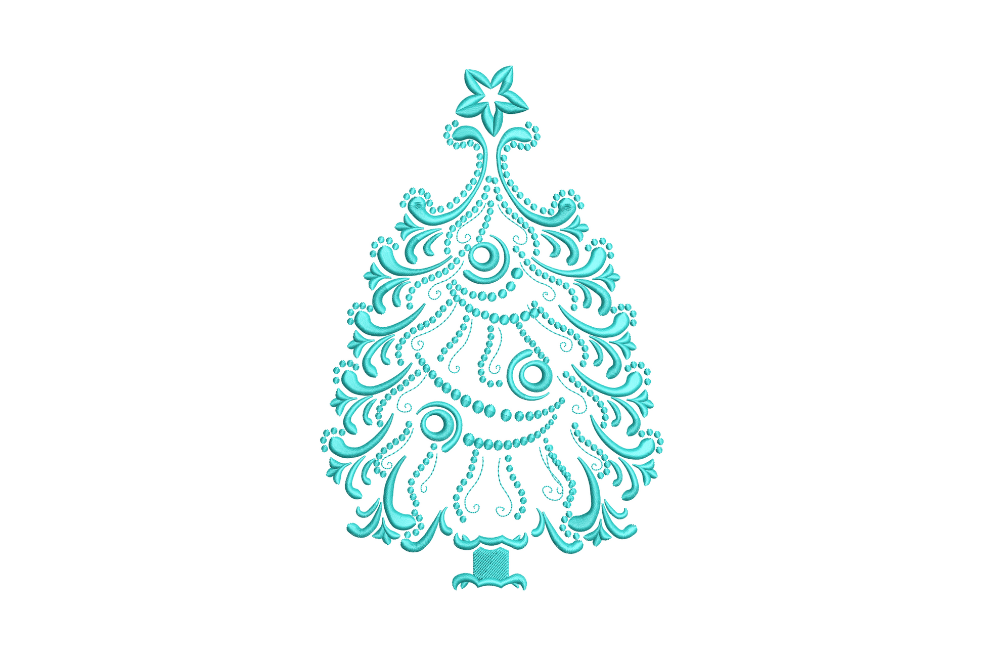 Elegant single-color aqua Christmas tree embroidery design with ornate baroque scrollwork, bead garland and star topper