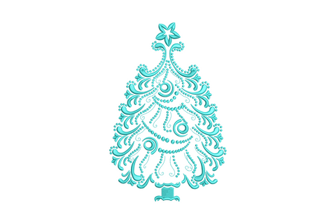 Elegant single-color aqua Christmas tree embroidery design with ornate baroque scrollwork, bead garland and star topper