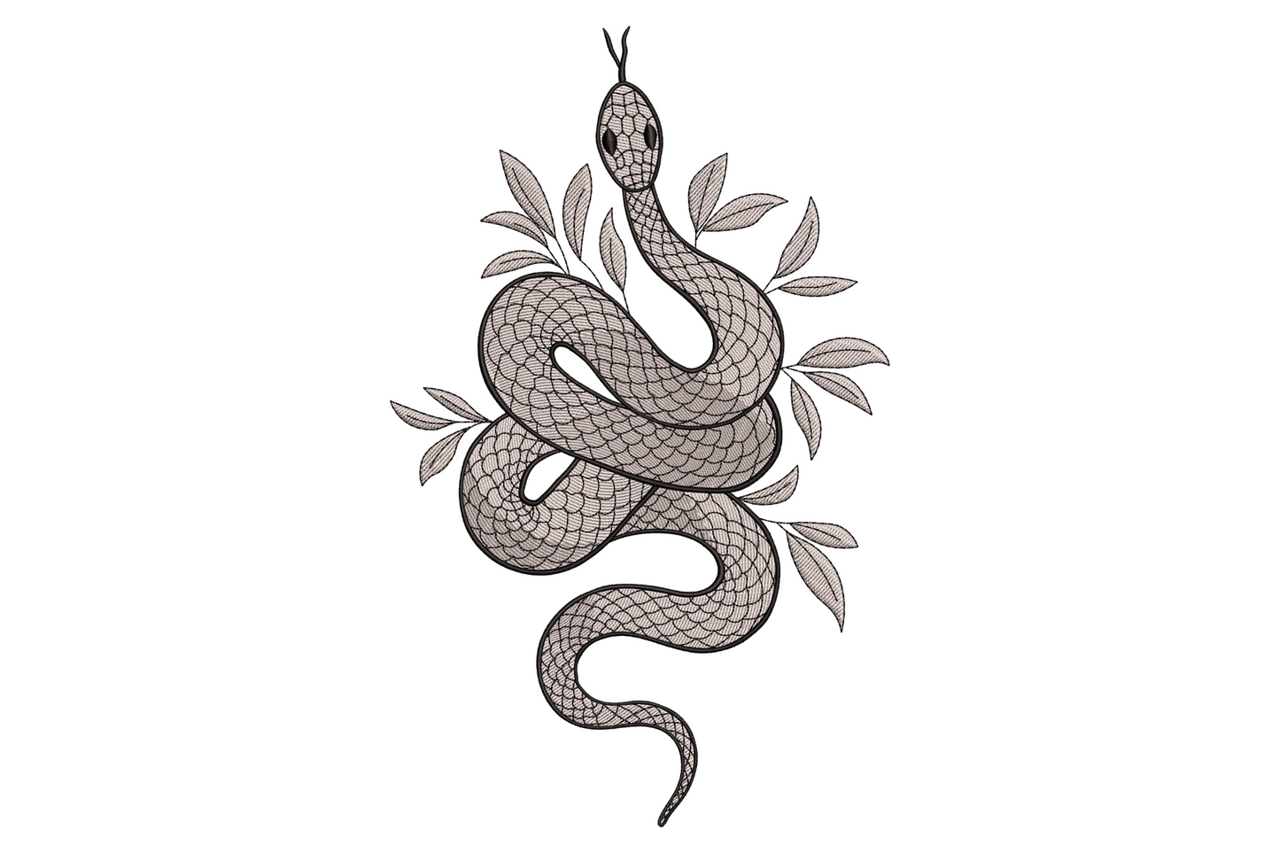 Elegant coiled snake embroidery with fine-line scale detail wrapping around a botanical leaf branch, monochrome grey and black.