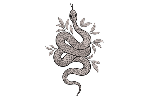 Elegant coiled snake embroidery with fine-line scale detail wrapping around a botanical leaf branch, monochrome grey and black.