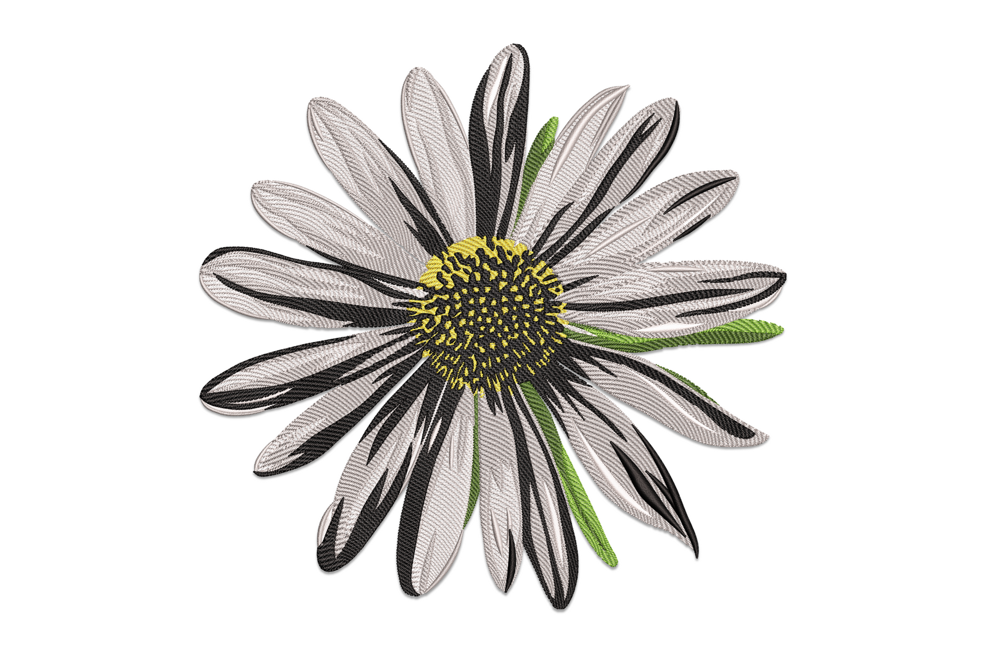 Bold graphic daisy embroidery with black shadow-striped white petals, yellow centre disc, and green leaves.