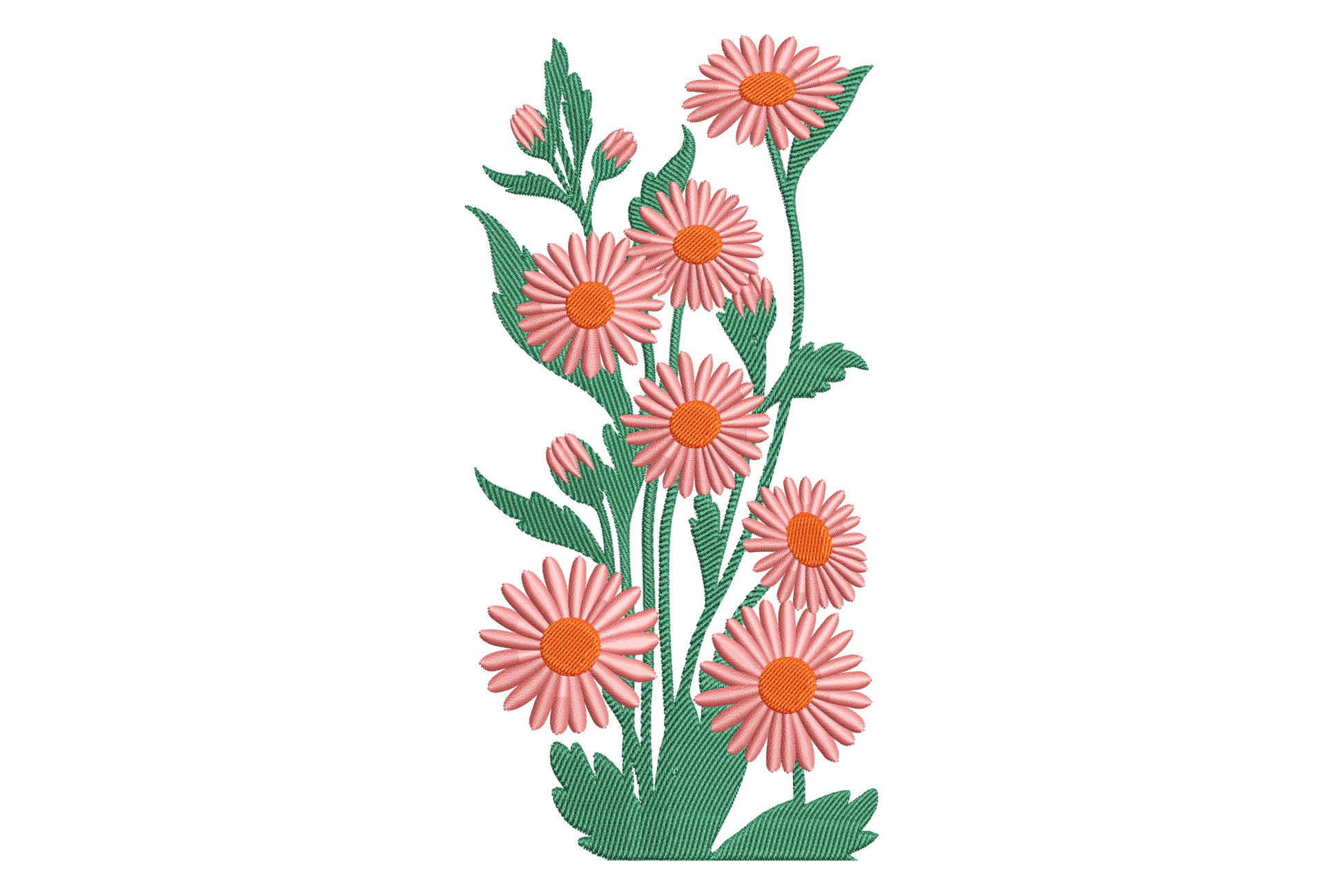 Elegant daisy flower embroidery design with coral pink petals and orange centres on a tall branching sage green stem cluster.