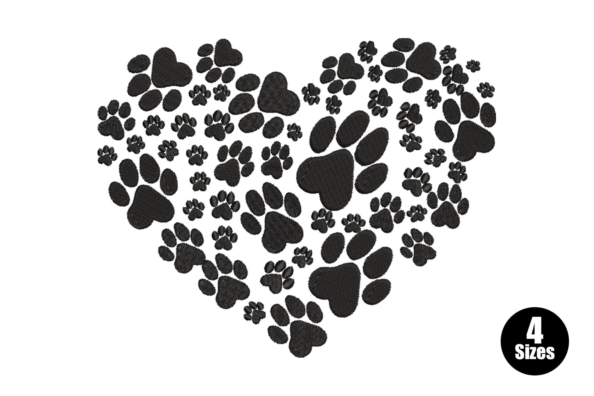 Dog paw heart embroidery design with dozens of solid black paw prints in varying sizes packed together to form a heart silhouette.