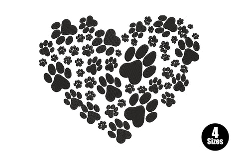 Dog paw heart embroidery design with dozens of solid black paw prints in varying sizes packed together to form a heart silhouette.