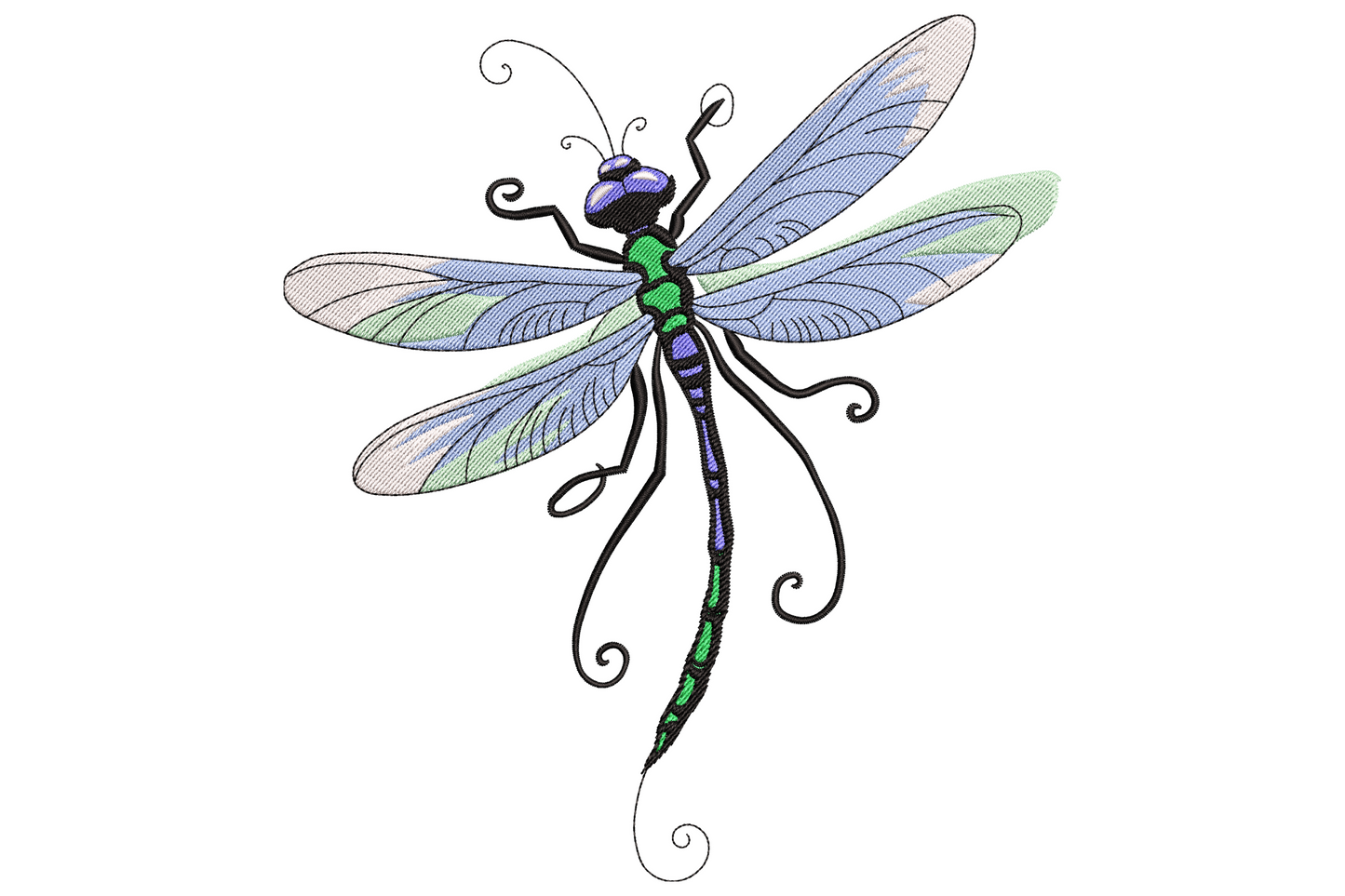 Ornate dragonfly with lavender-blue wings, pale mint lower wings, black curling tail, green body, 6-colour embroidery.