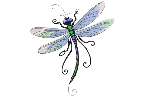 Ornate dragonfly with lavender-blue wings, pale mint lower wings, black curling tail, green body, 6-colour embroidery.