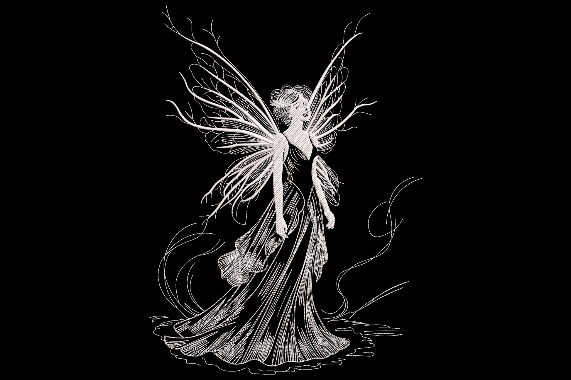 Elegant fairy lady embroidery design in single-colour white line art with branching wings and flowing gown on dark fabric.