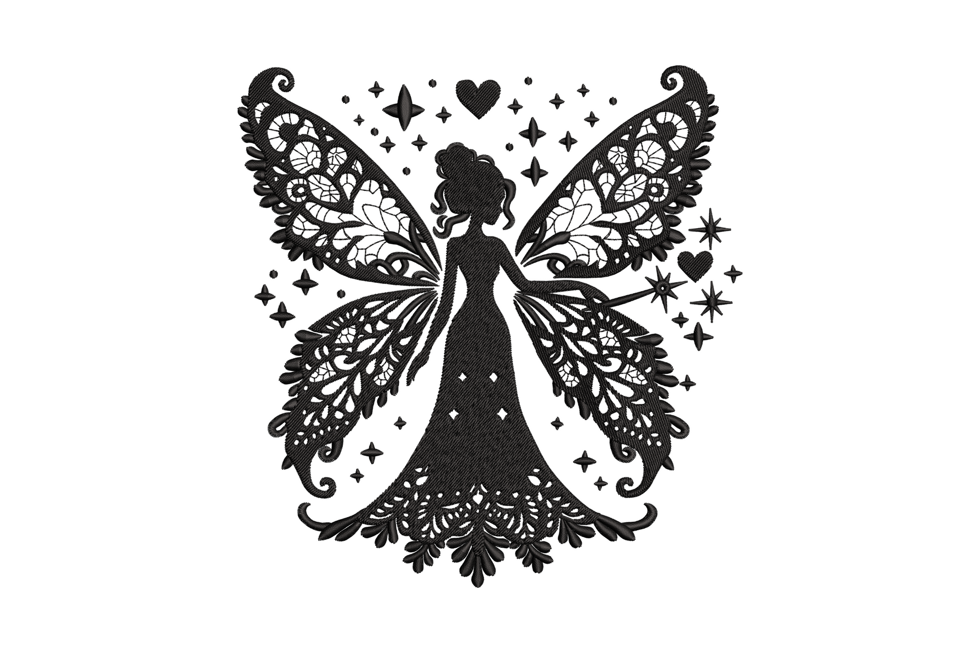 Blackwork machine embroidery fairy with lace wings, satin gown, scattered stars on white