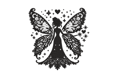 Blackwork machine embroidery fairy with lace wings, satin gown, scattered stars on white