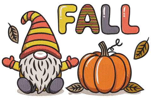 Striped-hat fall gnome waving beside orange pumpkin with FALL block lettering and autumn leaves embroidery design