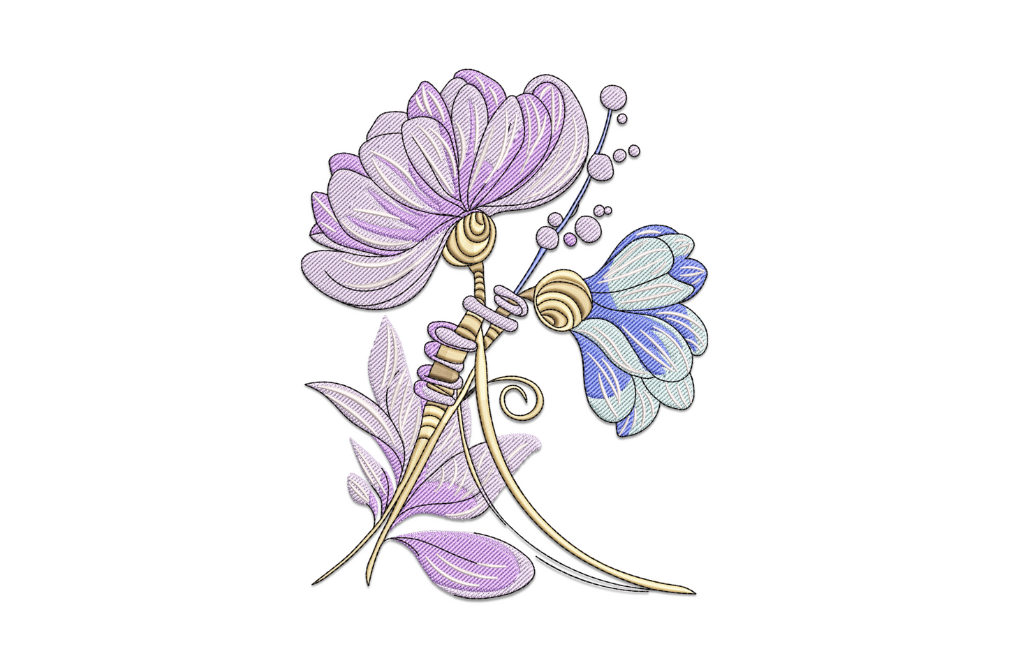 Elegant fantasy flower bouquet embroidery design with layered blooms in nine colours, botanical style on white background