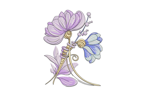 Elegant fantasy flower bouquet embroidery design with layered blooms in nine colours, botanical style on white background