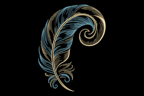 Decorative feather design in blue and gold embroidery design