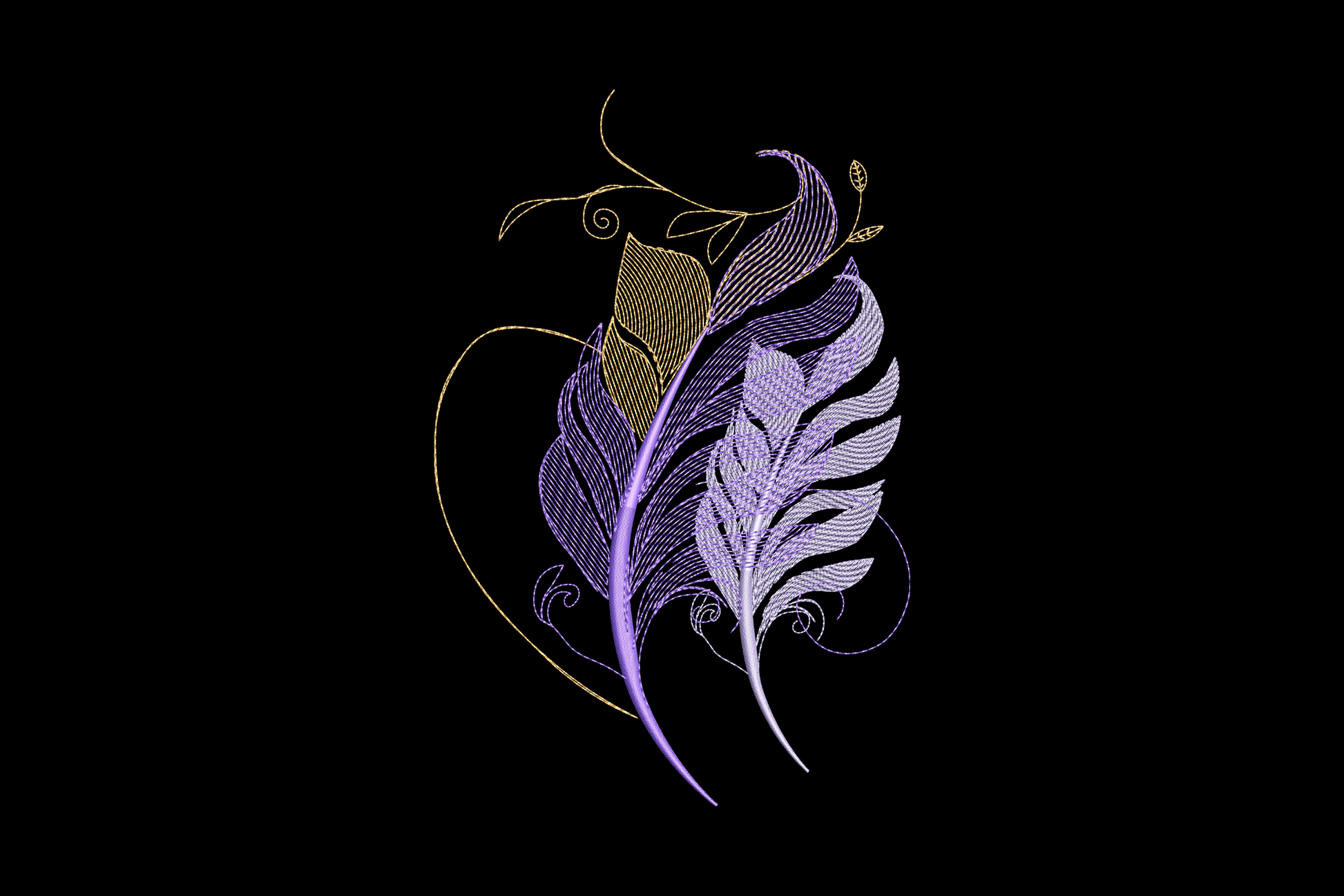Elegant feather floral embroidery design with sage green fronds, dusty blush flower buds and delicate botanical stem work