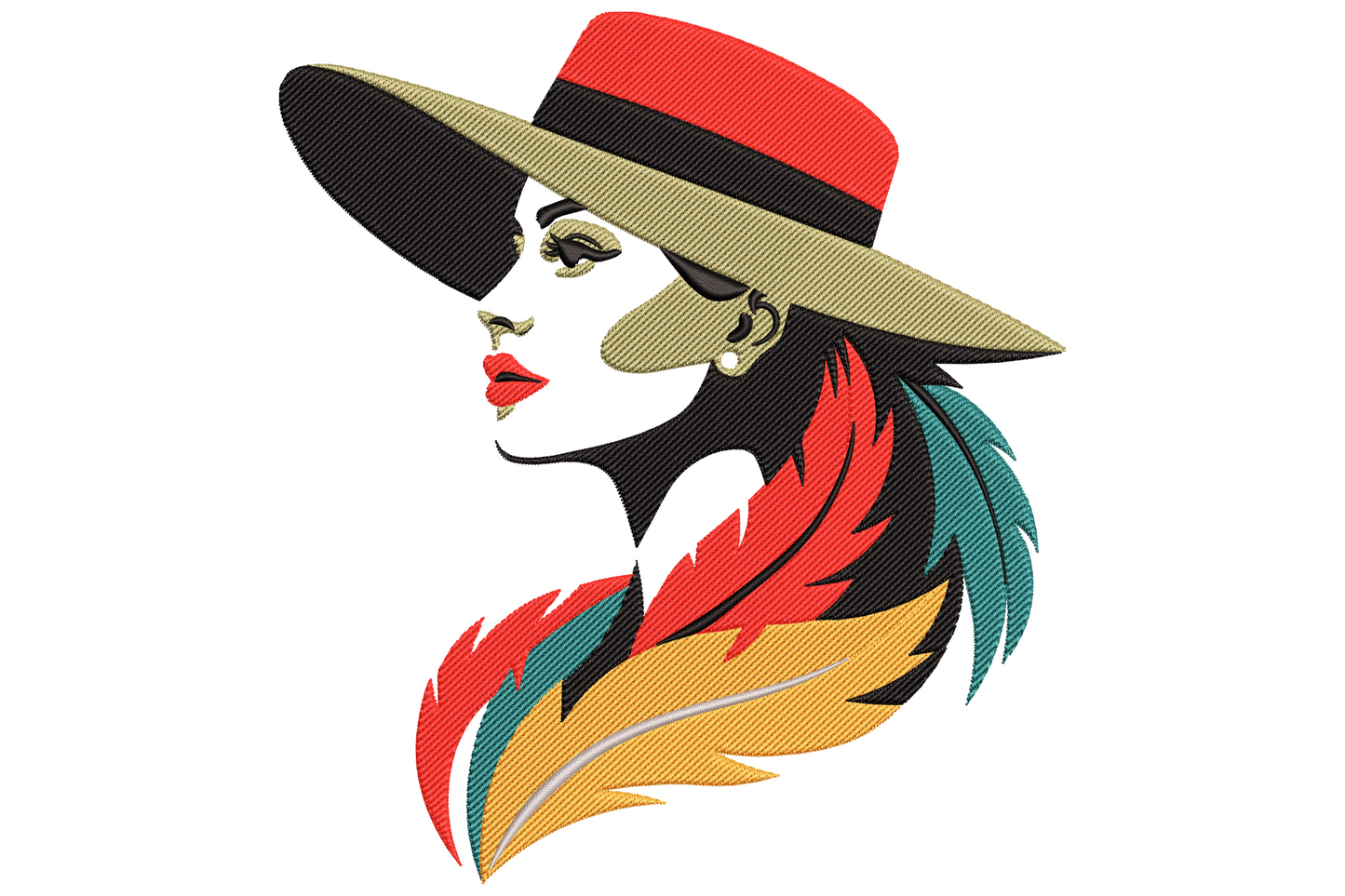 Elegant lady with dramatic feather plumes embroidery, art nouveau portrait style, ivory and warm sand tones.