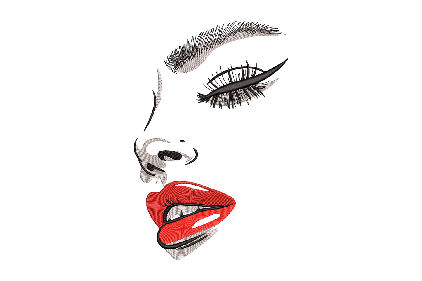Elegant female face close-up embroidery design with bold black eyeliner, long dramatic lashes, sculpted brow and red satin lips, cropped below the brow.