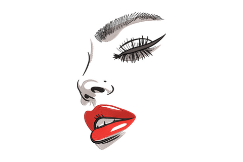 Elegant female face close-up embroidery design with bold black eyeliner, long dramatic lashes, sculpted brow and red satin lips, cropped below the brow.