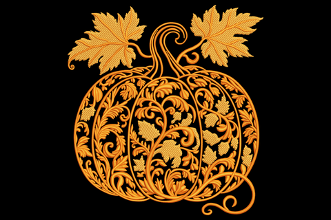 Elegant filigree pumpkin embroidery design, dense ornate scrollwork across pumpkin ribs in 27 colours including burnt orange, gold and burgundy.