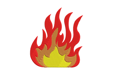 Wide campfire-style flame with butter-yellow base, copper-brown middle and tall red outer tongues reaching upward.