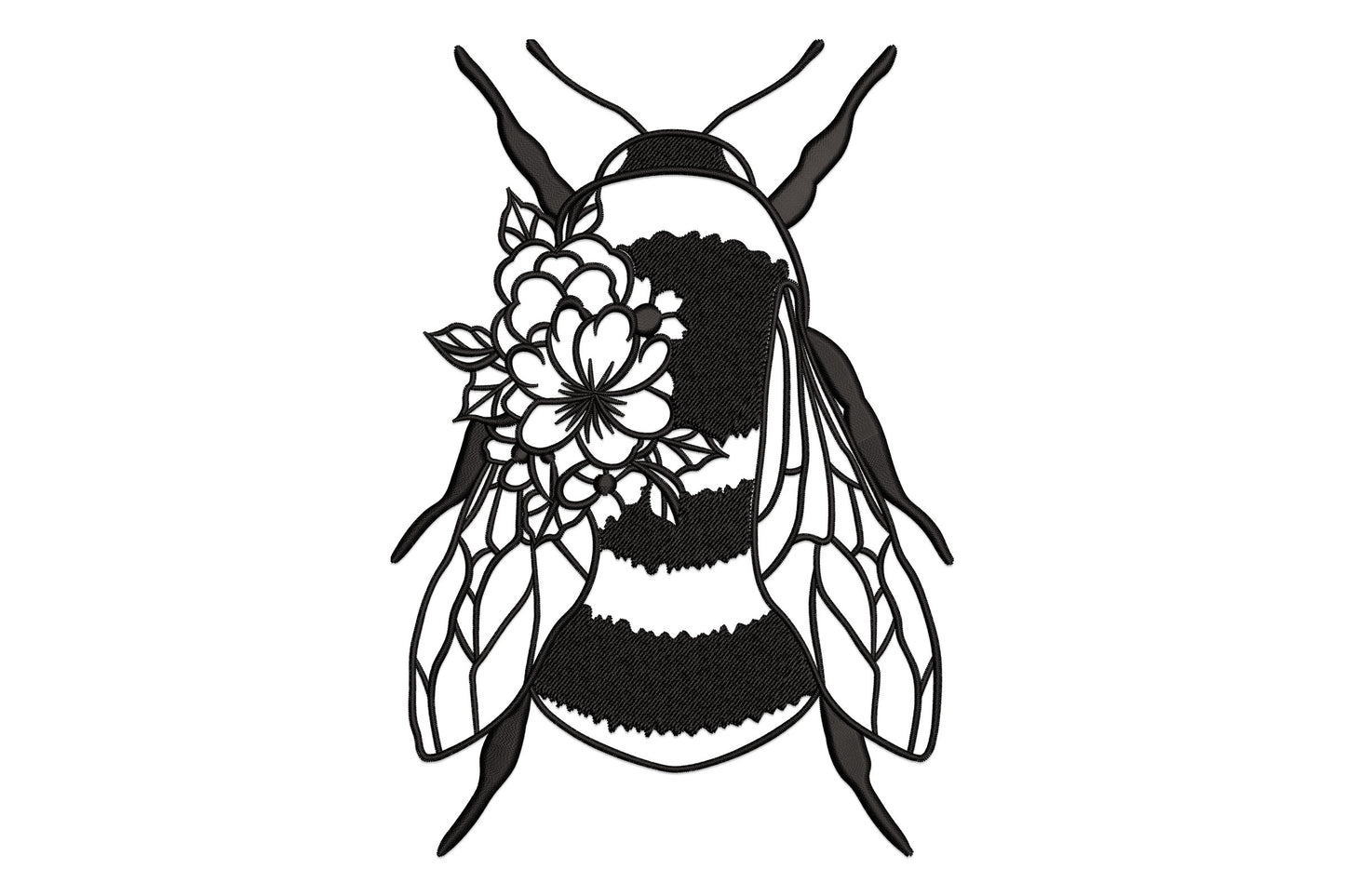 Elegant floral bee embroidery design with open flowers across the bee body, geometric faceted wings and fine line detail in single black thread.
