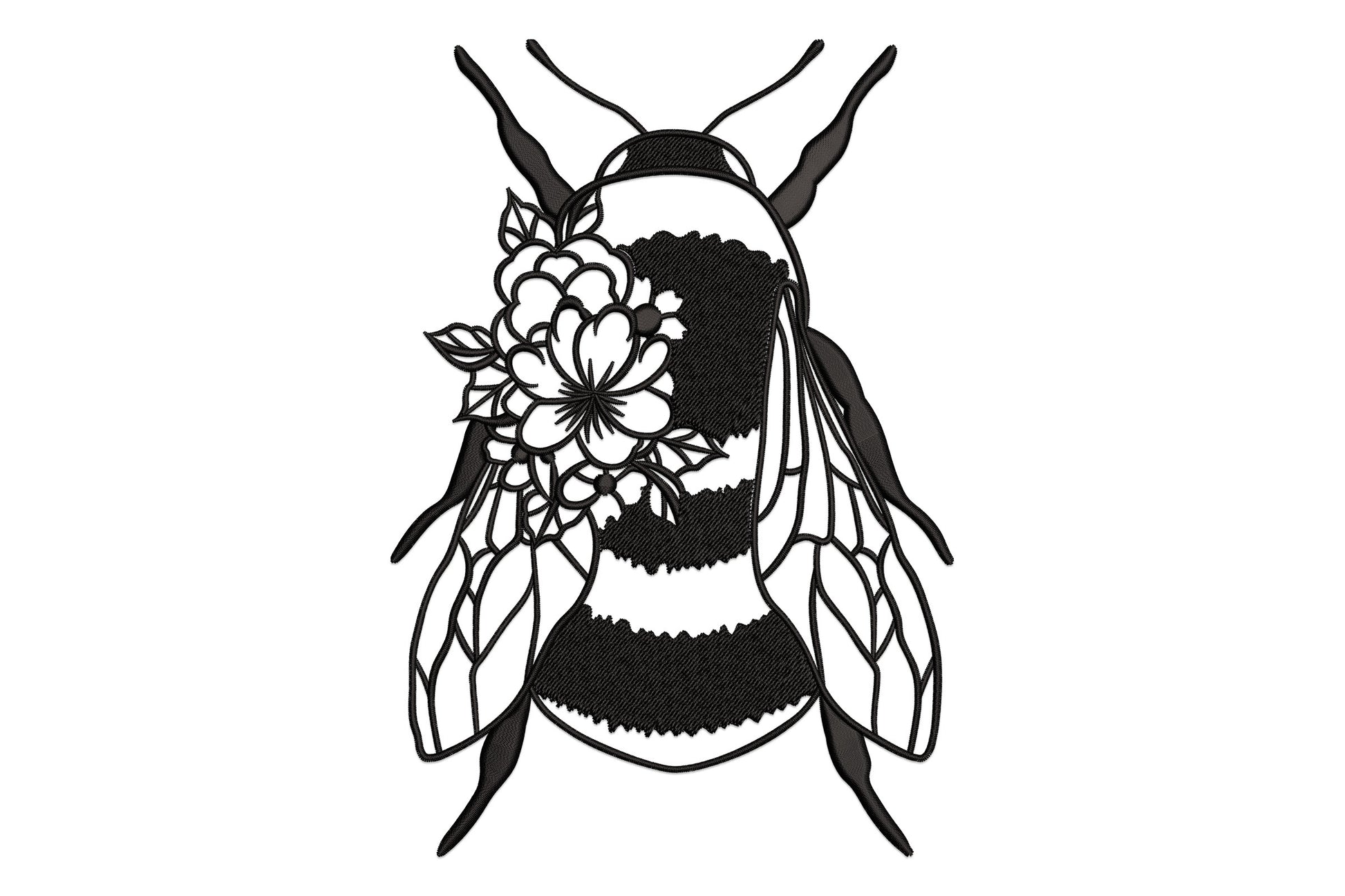 Elegant floral bee embroidery design with open flowers across the bee body, geometric faceted wings and fine line detail in single black thread.