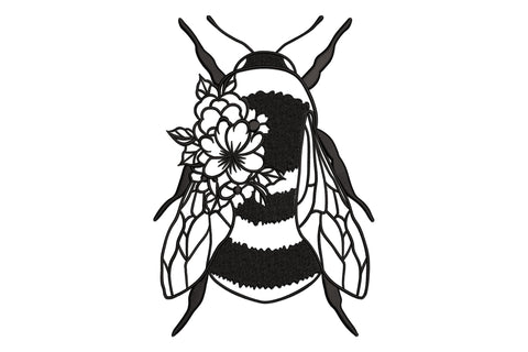 Elegant floral bee embroidery design with open flowers across the bee body, geometric faceted wings and fine line detail in single black thread.