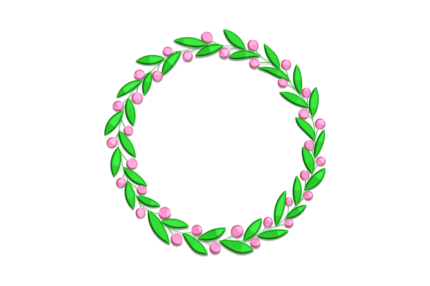 Elegant berry wreath machine embroidery design with green leaves and blush pink berry clusters on white background