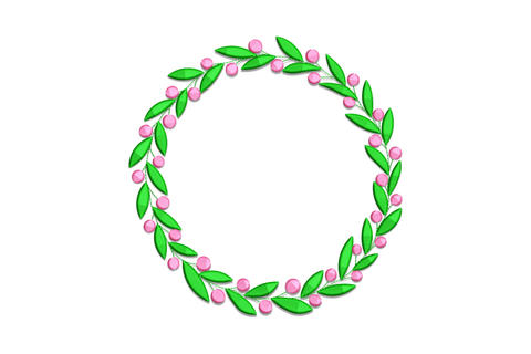 Elegant berry wreath machine embroidery design with green leaves and blush pink berry clusters on white background
