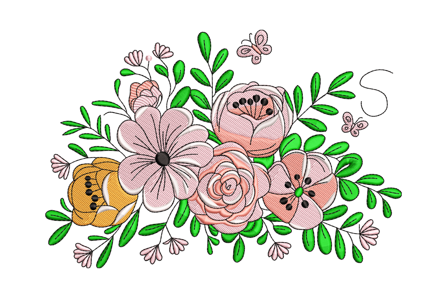 Elegant floral bouquet embroidery design with burgundy roses, dusty pink dahlias and sage green leaves in a tied formal arrangement