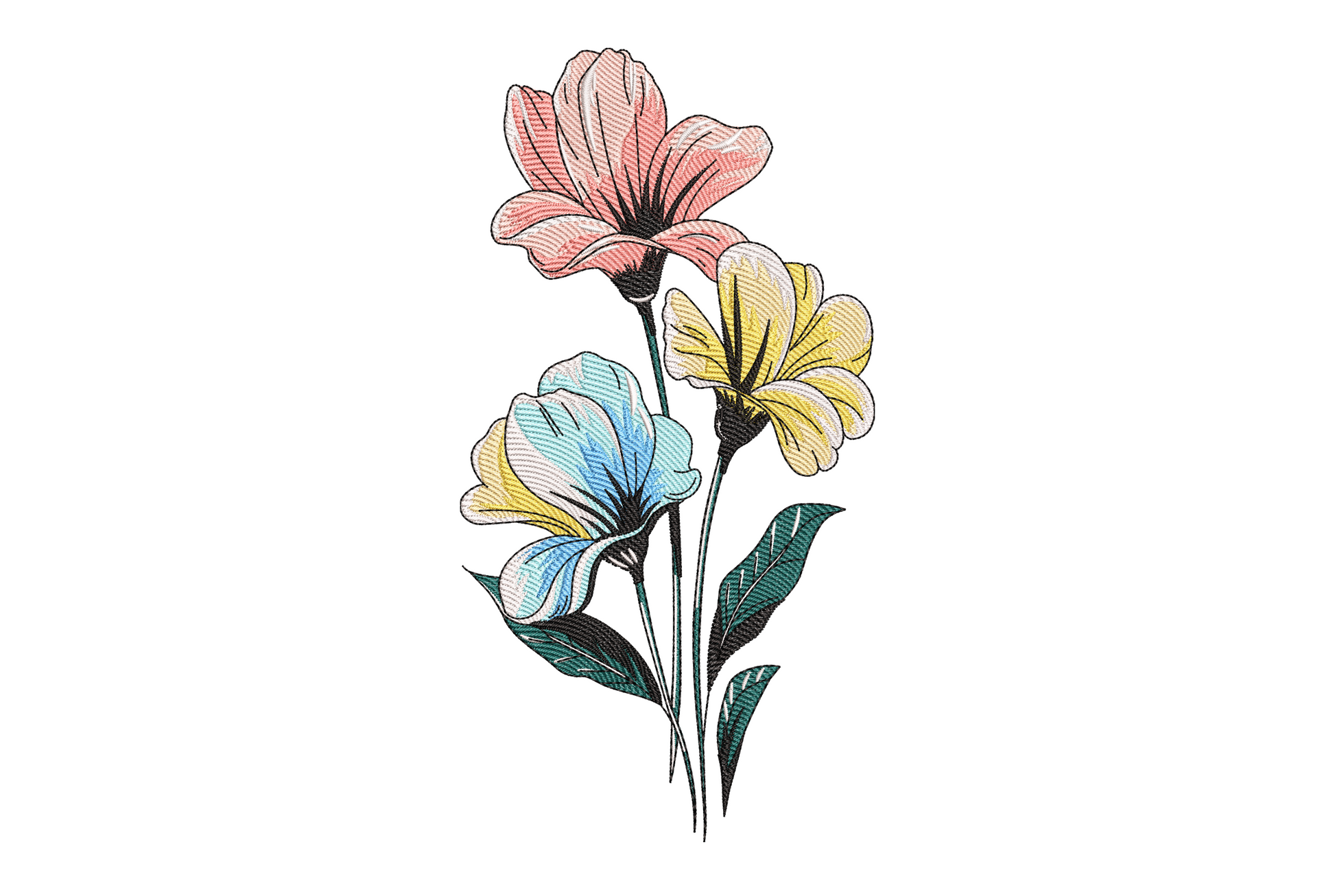 Elegant floral bouquet machine embroidery design with ten thread colours, open roses and mixed blooms arranged in a classic gathered bunch on white background.