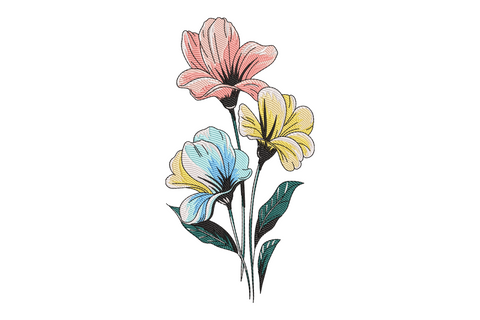 Elegant floral bouquet machine embroidery design with ten thread colours, open roses and mixed blooms arranged in a classic gathered bunch on white background.