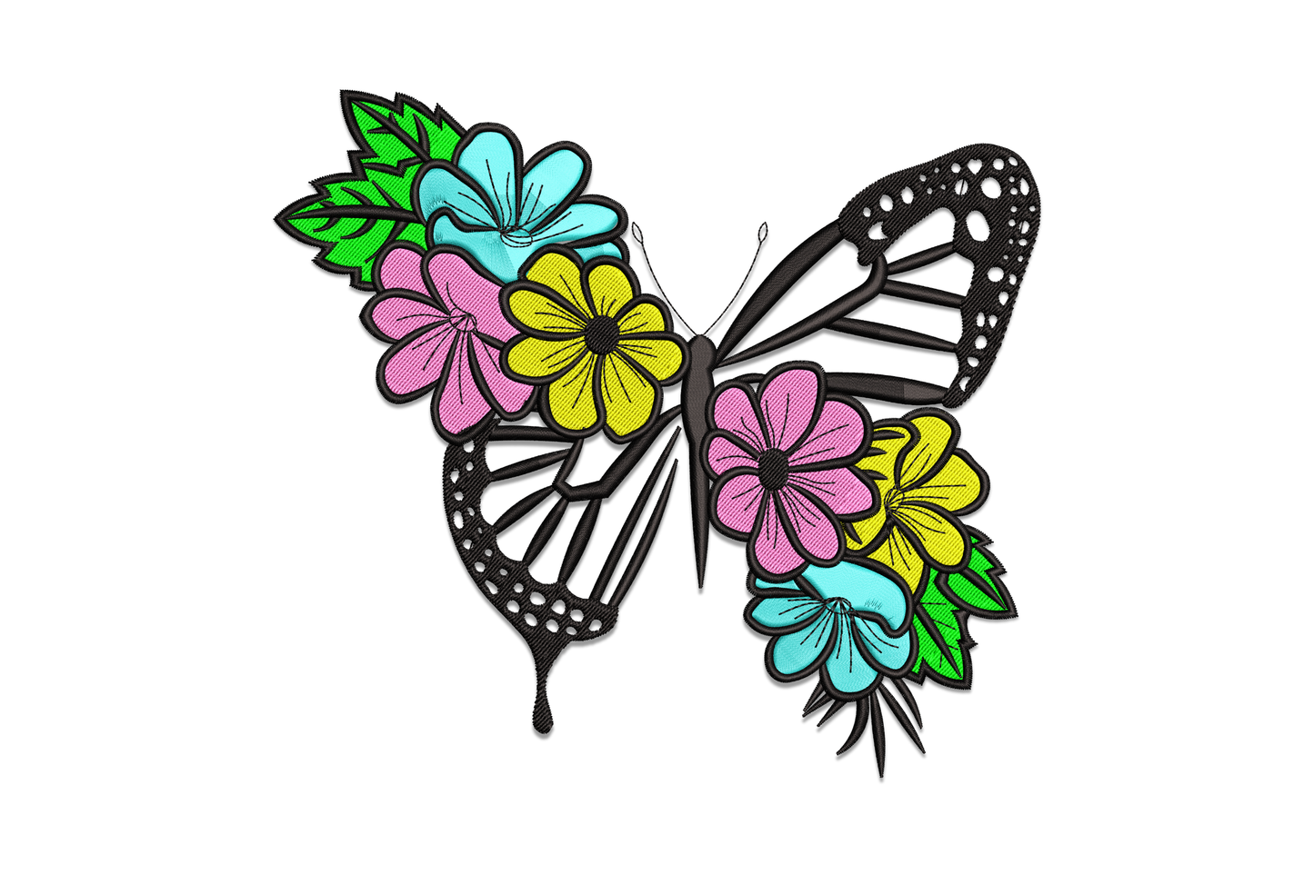 Elegant floral butterfly embroidery, monarch butterfly split with pink yellow aqua floral cluster on left wings and bold black-white stripe pattern on right wings.