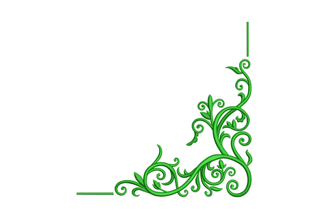Elegant floral corner frame embroidery design, dark green scrolling tendrils and leaf sprigs in upright L-shape