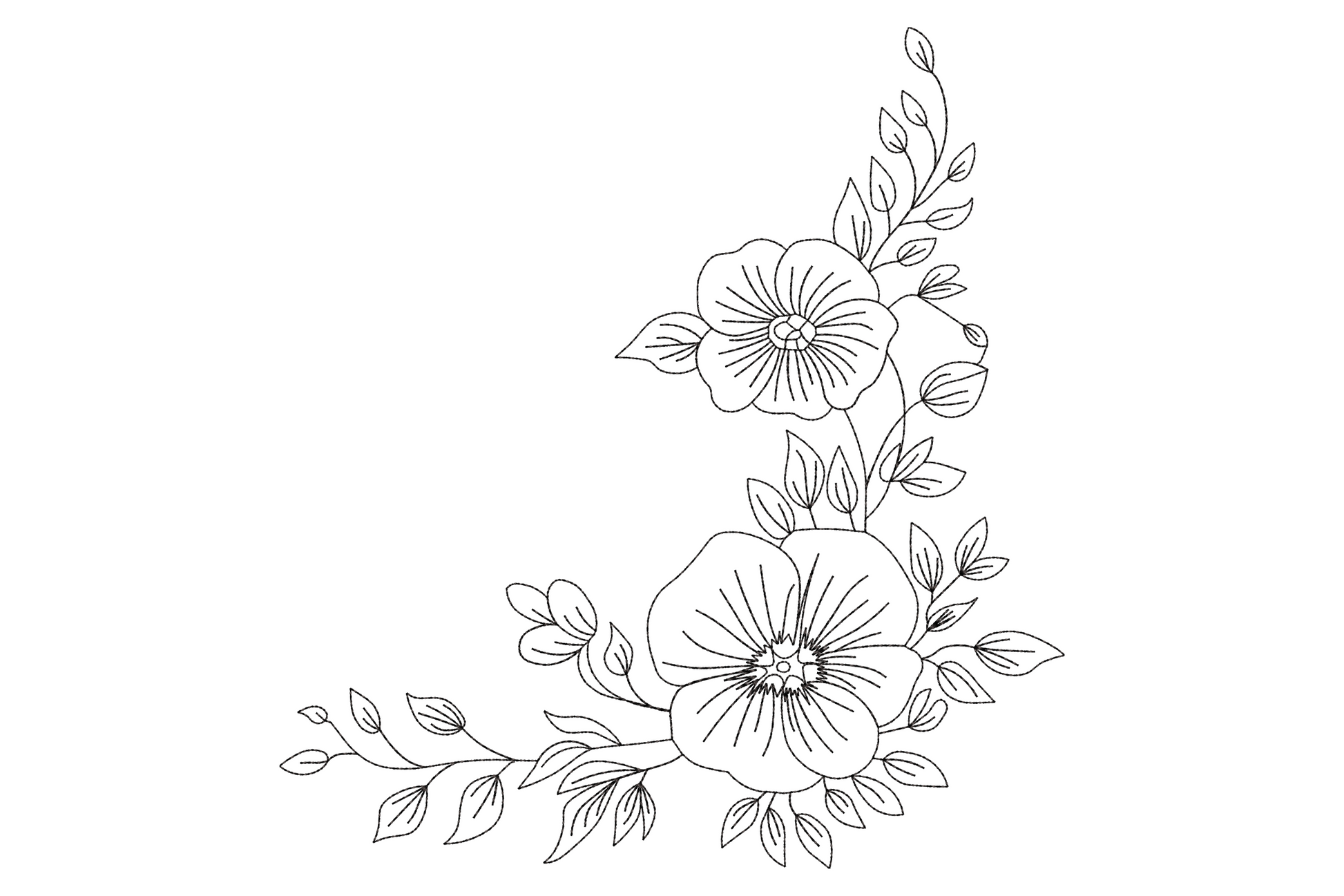 Elegant floral corner embroidery with outline roses, buds and leaves sweeping from corner, single colour on white linen.
