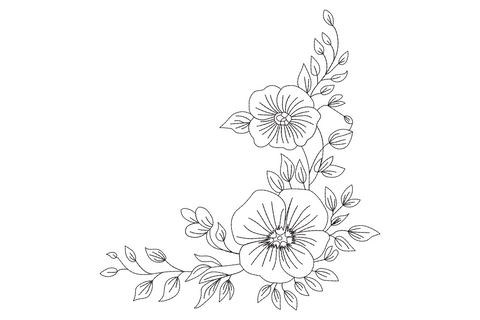Elegant floral corner embroidery with outline roses, buds and leaves sweeping from corner, single colour on white linen.