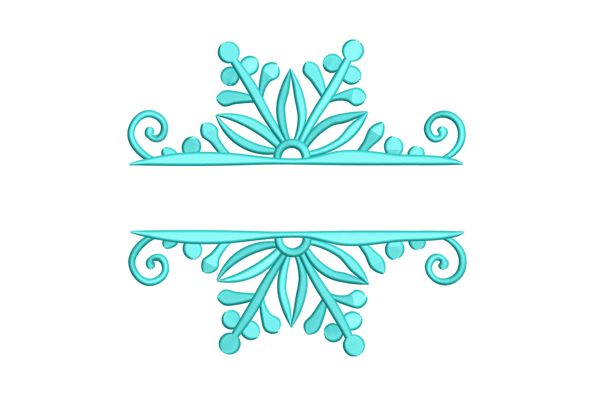 Aqua mint floral split monogram divider embroidery with leaf scrolls and centre petal medallion for custom name.