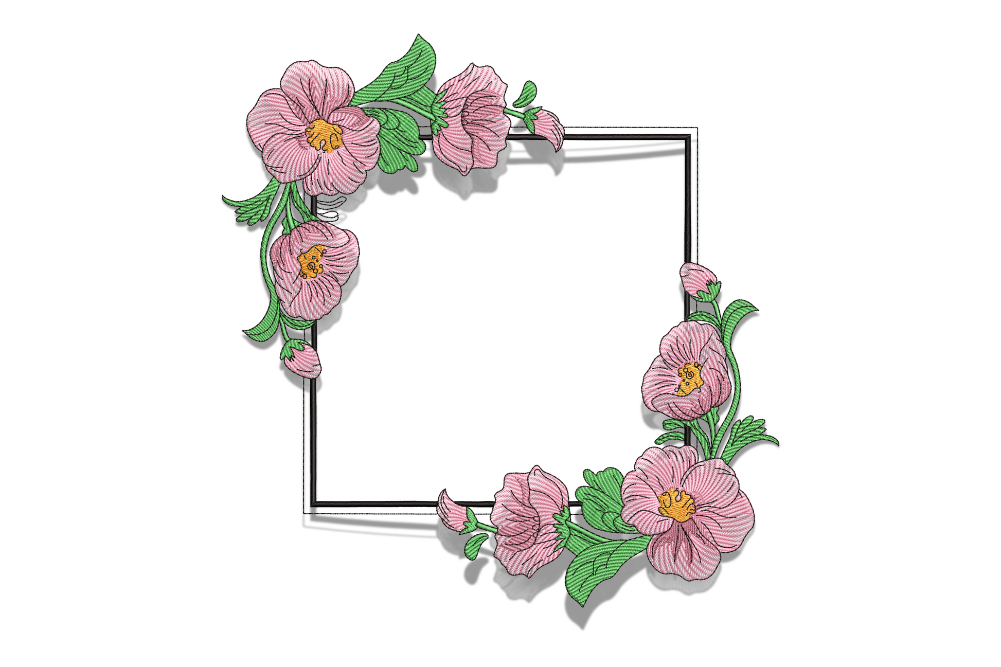 Elegant floral frame embroidery design with pink blossoms and green stems at the corners, open centre, 5 sizes.