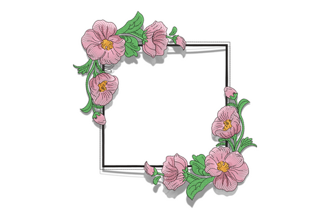Elegant floral frame embroidery design with pink blossoms and green stems at the corners, open centre, 5 sizes.
