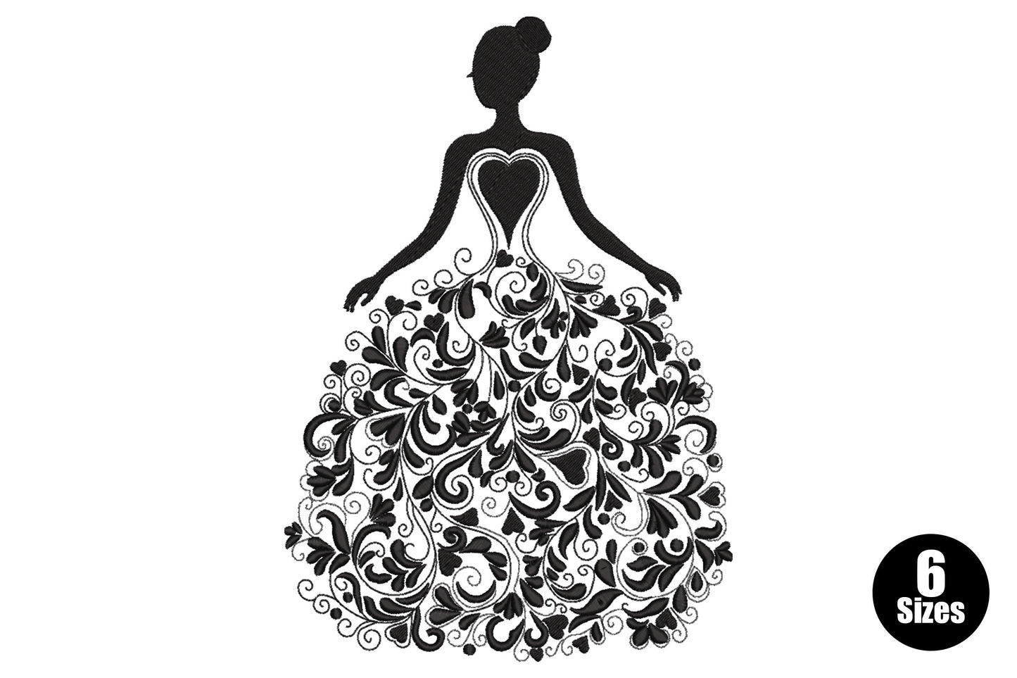 Elegant floral gown lady embroidery design with a solid black silhouette torso and a full ballgown skirt filled with dense damask floral scrollwork.