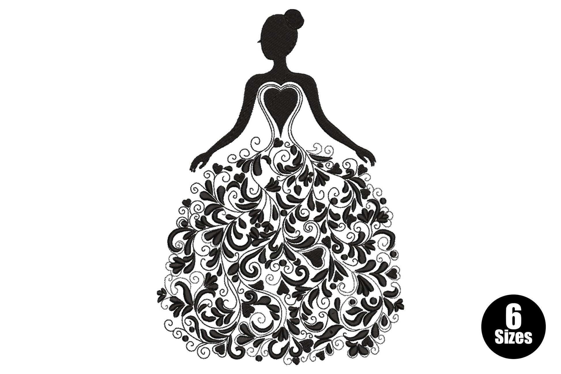 Elegant floral gown lady embroidery design with a solid black silhouette torso and a full ballgown skirt filled with dense damask floral scrollwork.