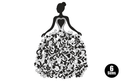 Elegant floral gown lady embroidery design with a solid black silhouette torso and a full ballgown skirt filled with dense damask floral scrollwork.
