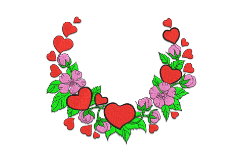 Elegant floral heart wreath embroidery design with clustered roses, rosebuds and botanical leaves forming a heart silhouette, 6 colours, 5 sizes from 2.97 to 6.37 inches wide