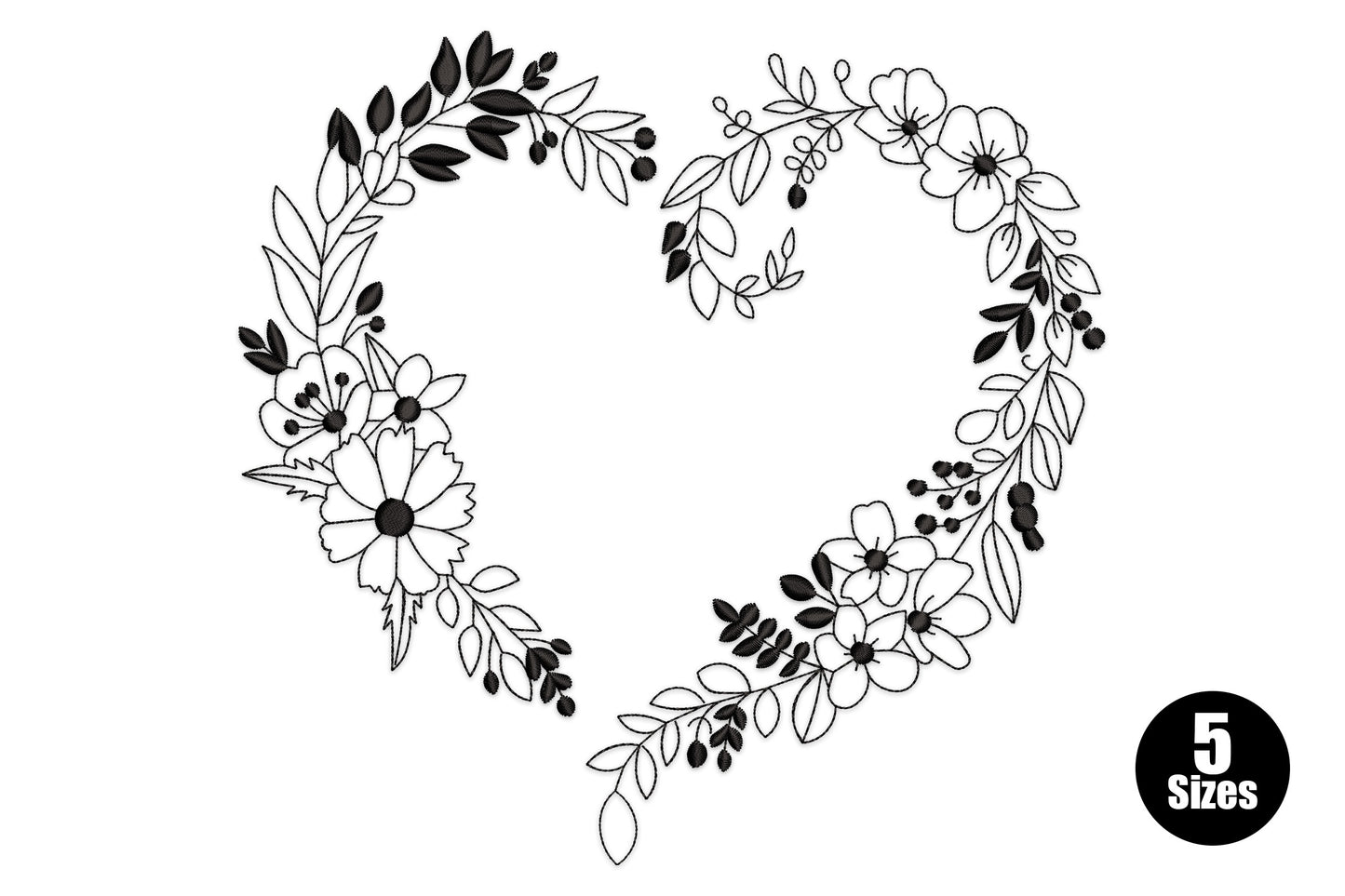 Open line art floral heart wreath embroidery in single black thread, small flowers and leaves following the heart silhouette.