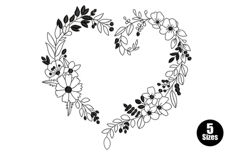 Open line art floral heart wreath embroidery in single black thread, small flowers and leaves following the heart silhouette.