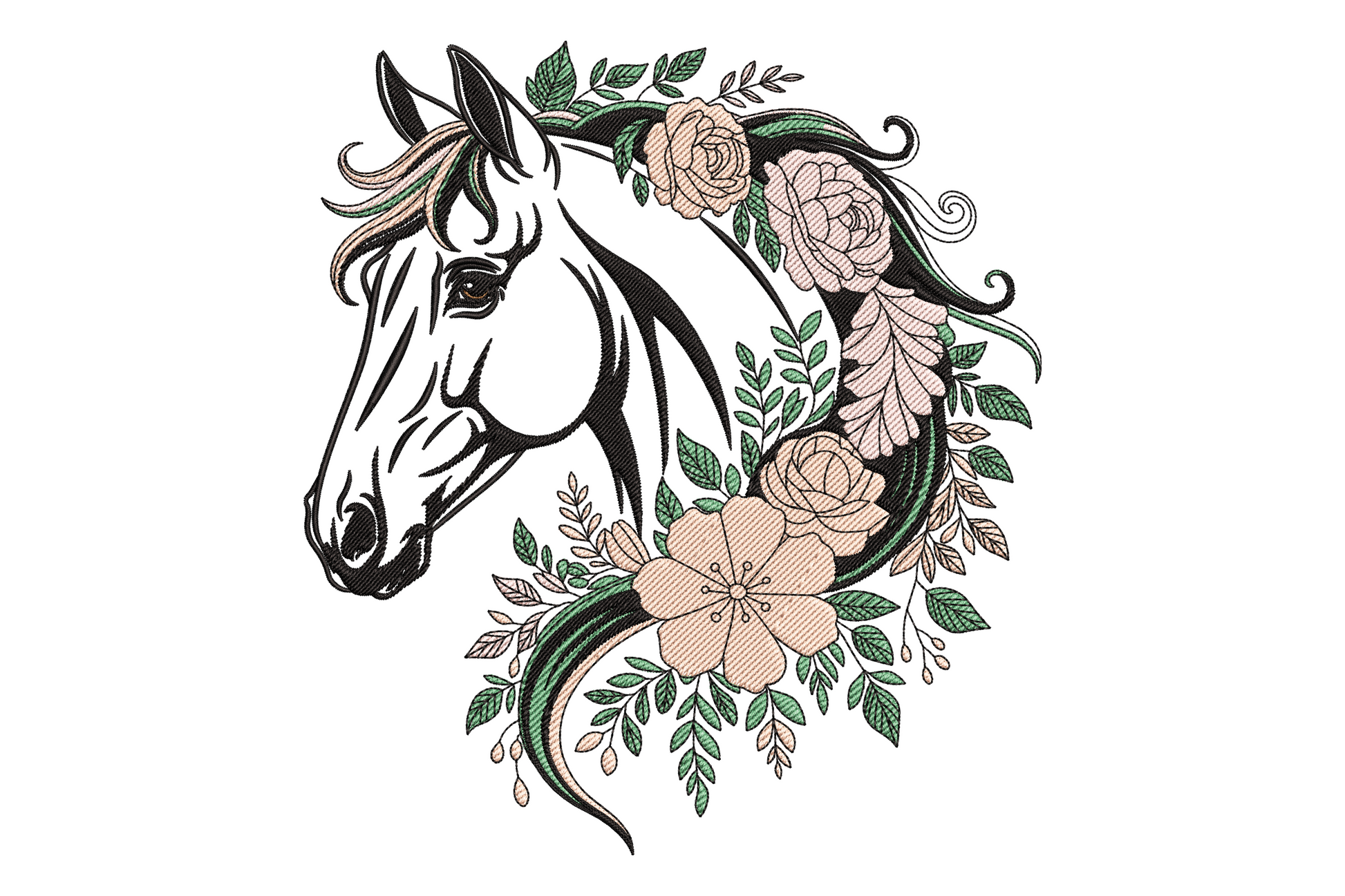Horse head embroidery design in black pen-sketch style with blush cream roses, small blossoms and green leaf sprays wrapping around the neck and a dark teal flowing mane.